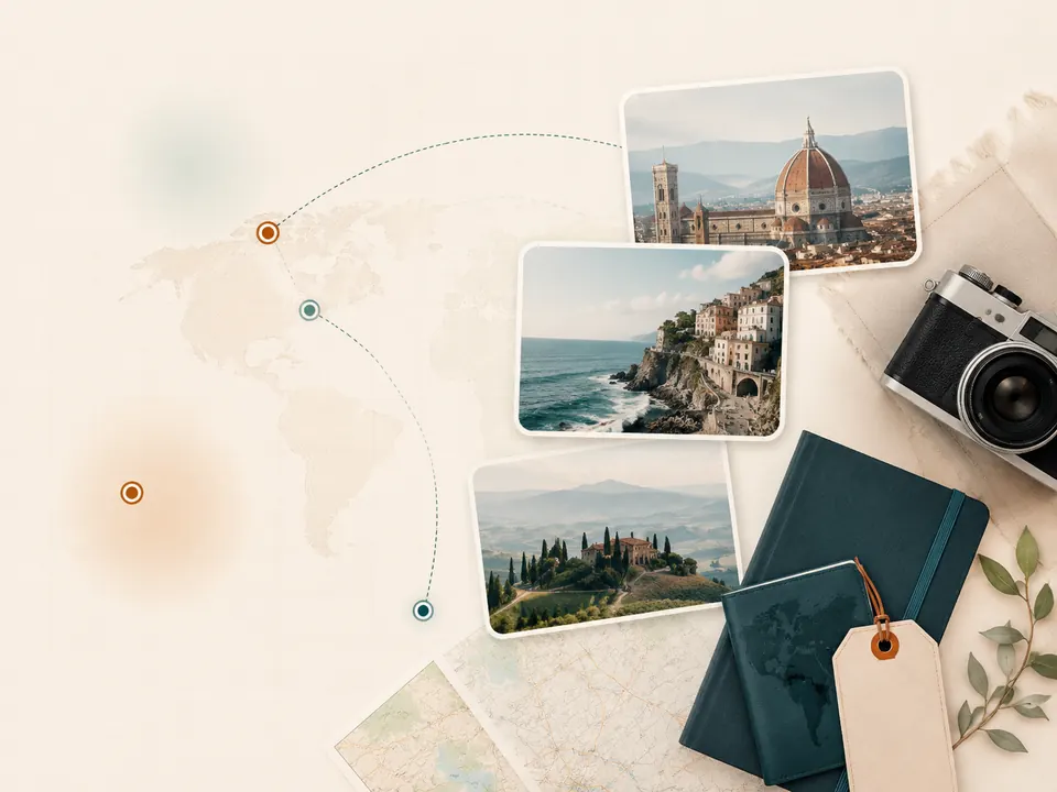 Mapa con fotos de viajes, cámara y libreta para preparar rutas por libre
