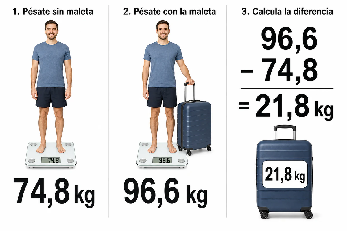 Ejemplo para calcular el peso de una maleta con una báscula de baño