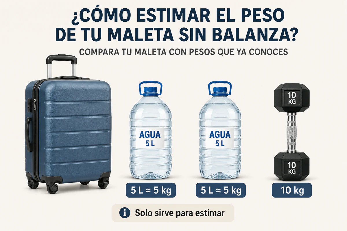 Garrafas y pesas utilizadas para estimar el peso de una maleta sin báscula