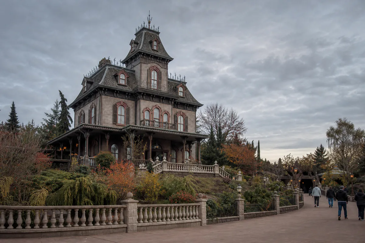 Exterior de Phantom Manor en Disneyland Paris durante el otoño