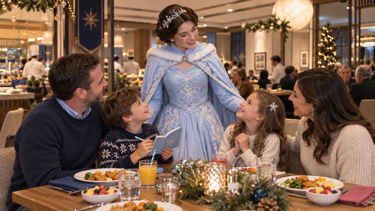 Princesa invernal saludando a una familia con niños durante una recreación de una cena de Fin de Año