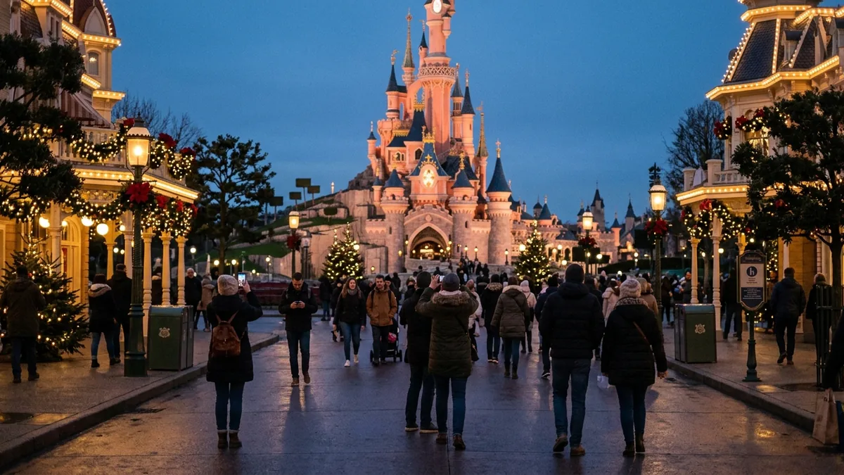 Recreación de Main Street y el castillo decorados durante la Navidad de Disneyland Paris