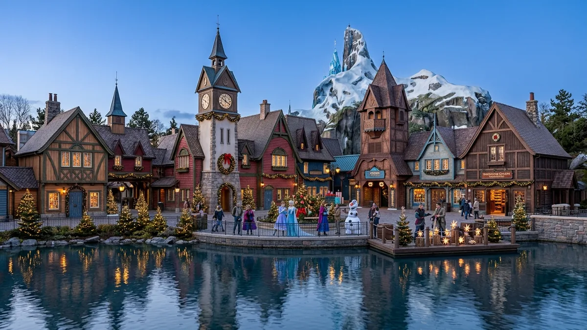 Recreación de Arendelle decorada para la primera Navidad de World of Frozen