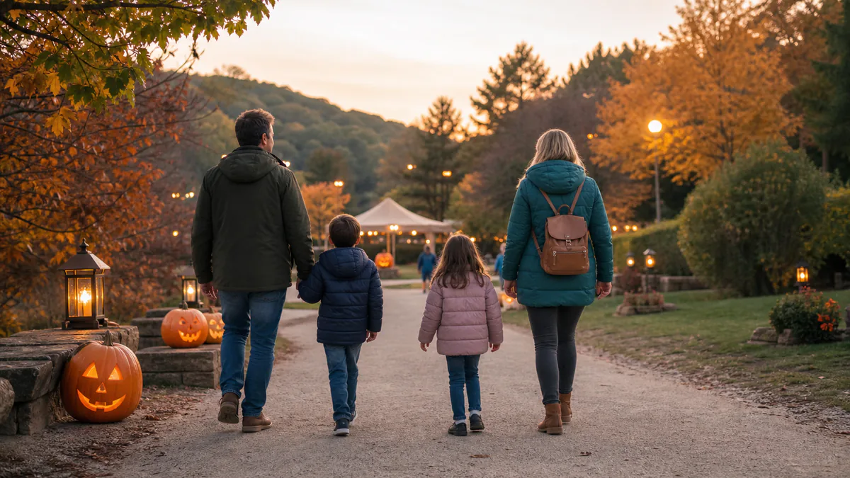 Familia con dos niños paseando entre calabazas y luces de Halloween al atardecer