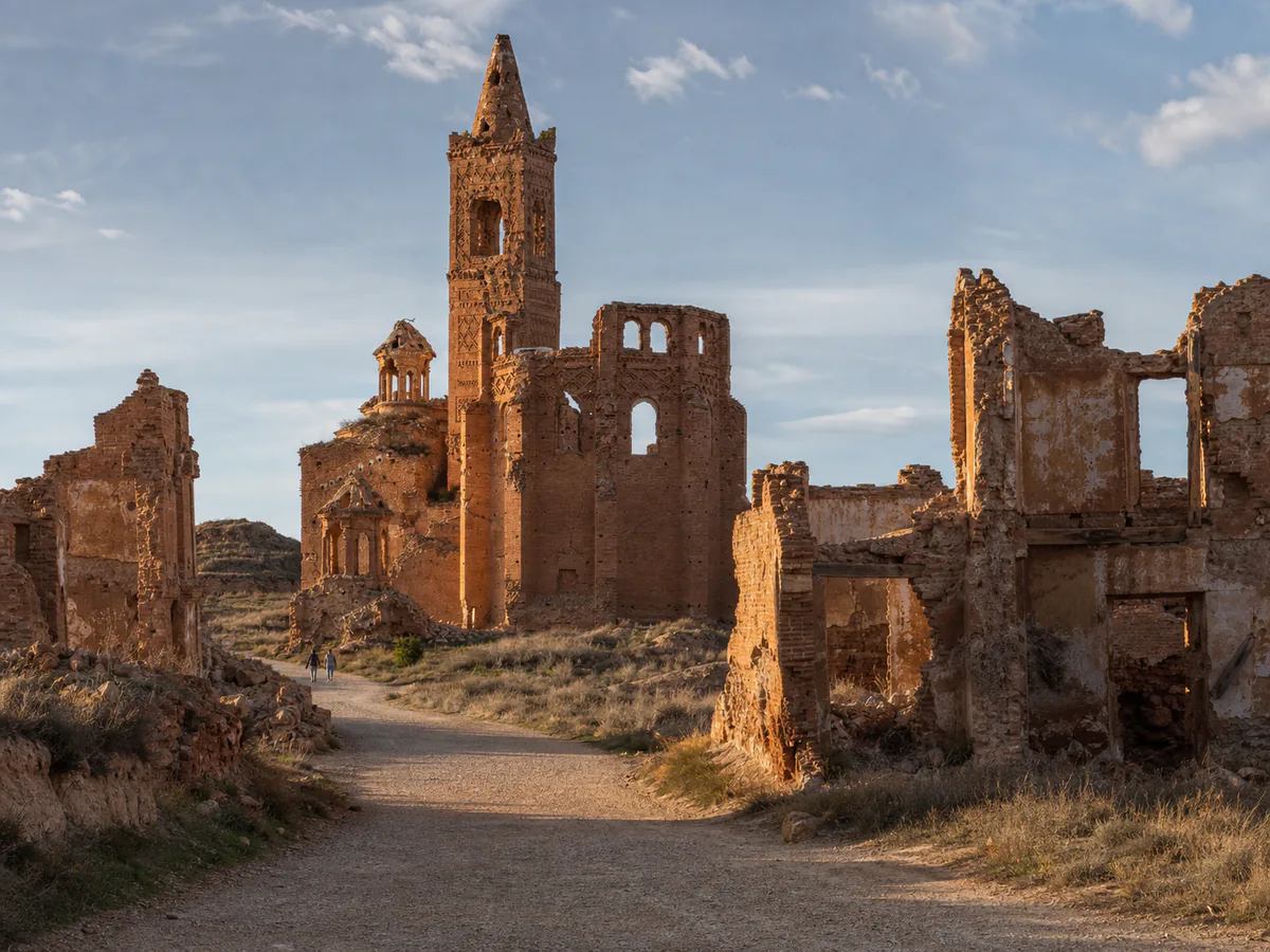 Torre mudéjar y edificios en ruinas del Pueblo Viejo de Belchite al atardecer