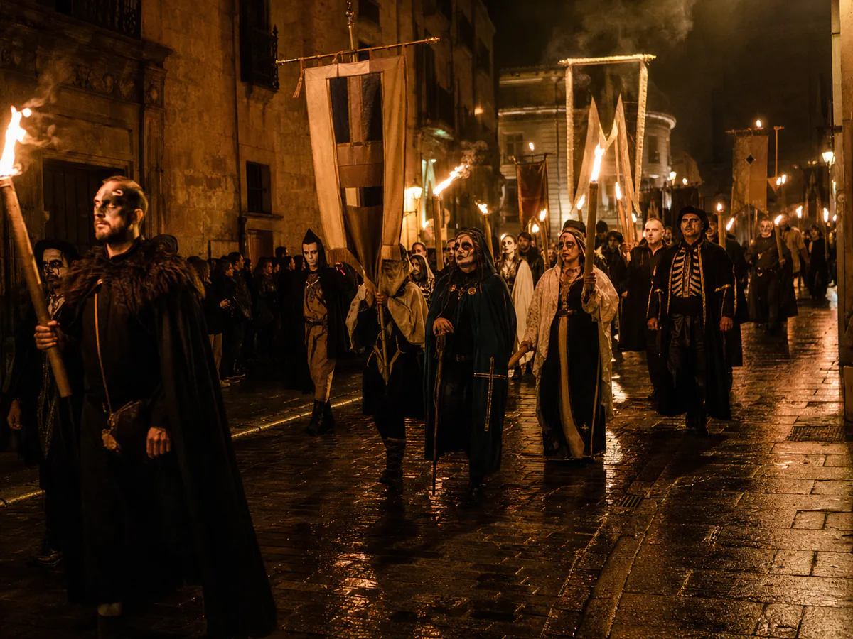 Desfile nocturno del Festival de las Ánimas de Soria con antorchas y estandartes