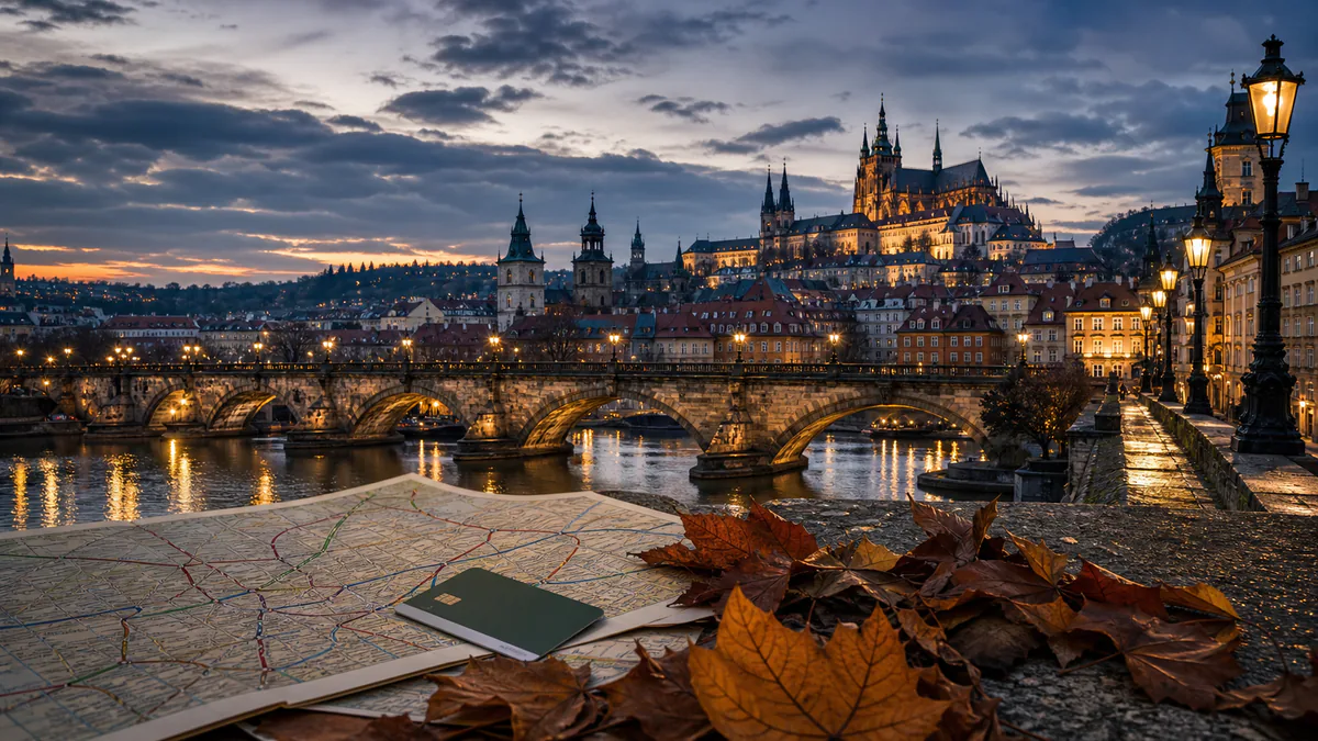 Ciudad histórica europea al anochecer con un mapa y hojas de otoño