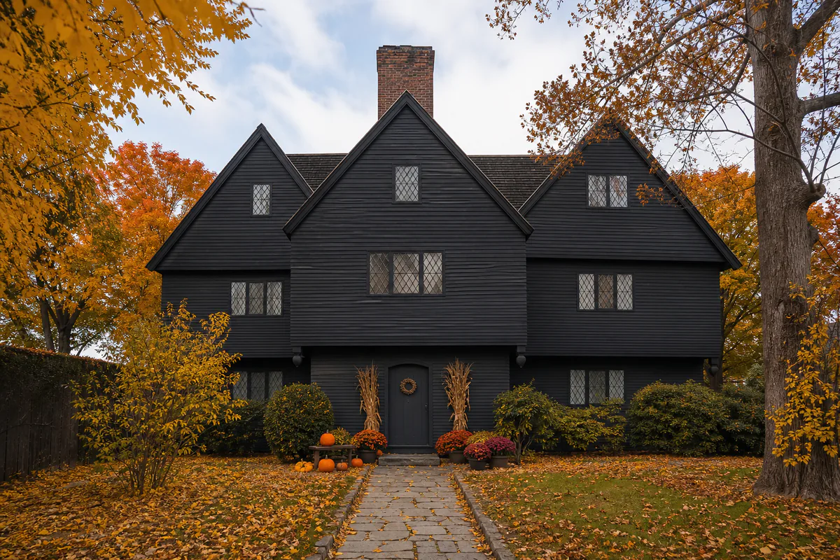 Witch House de Salem rodeada de hojas de otoño y calabazas
