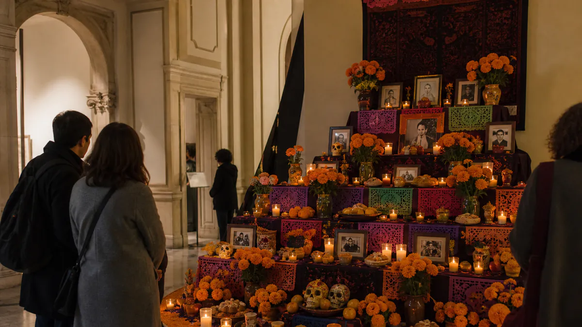 Altar de Día de Muertos con flores de cempasúchil y velas en un centro cultural de Madrid