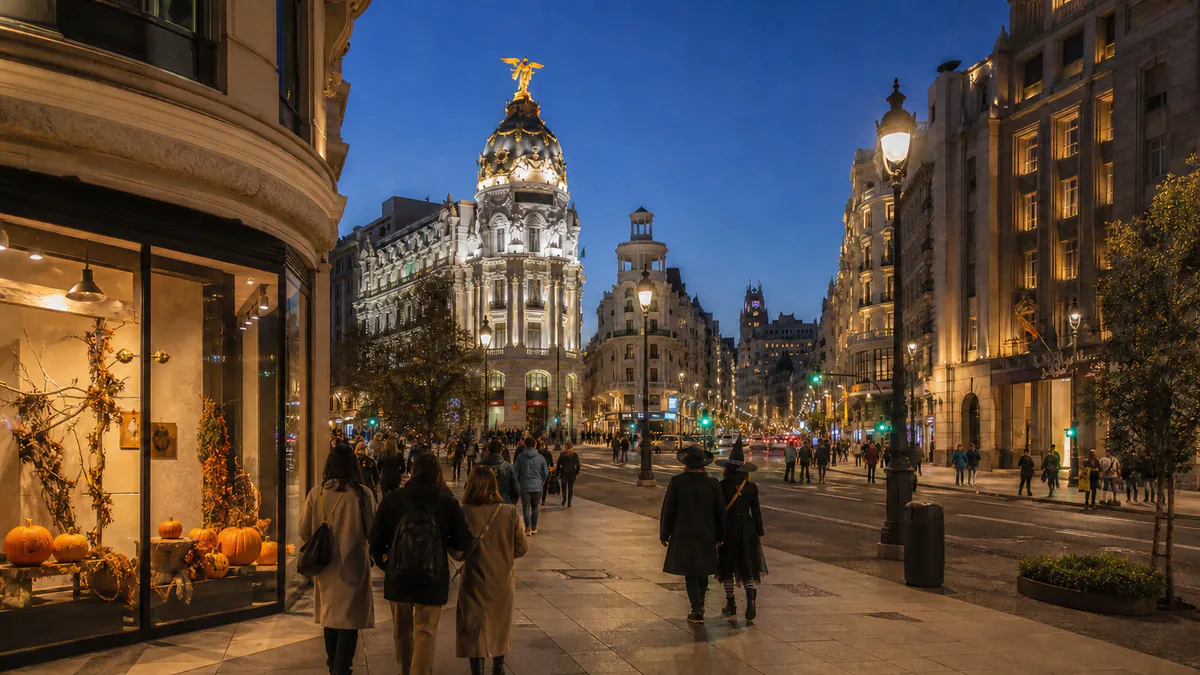 Gran Vía de Madrid al anochecer con decoración discreta de Halloween