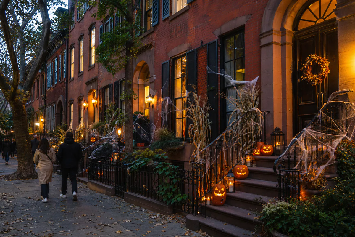 Fachadas de casas decoradas para Halloween en el West Village de Nueva York