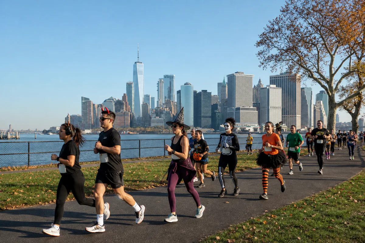 Corredores disfrazados en Haunted Island 5K con Manhattan al fondo
