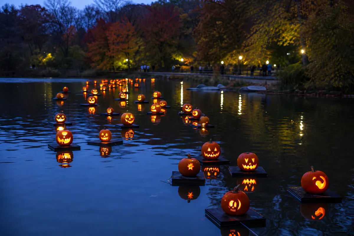 Calabazas iluminadas flotando sobre Harlem Meer en Central Park