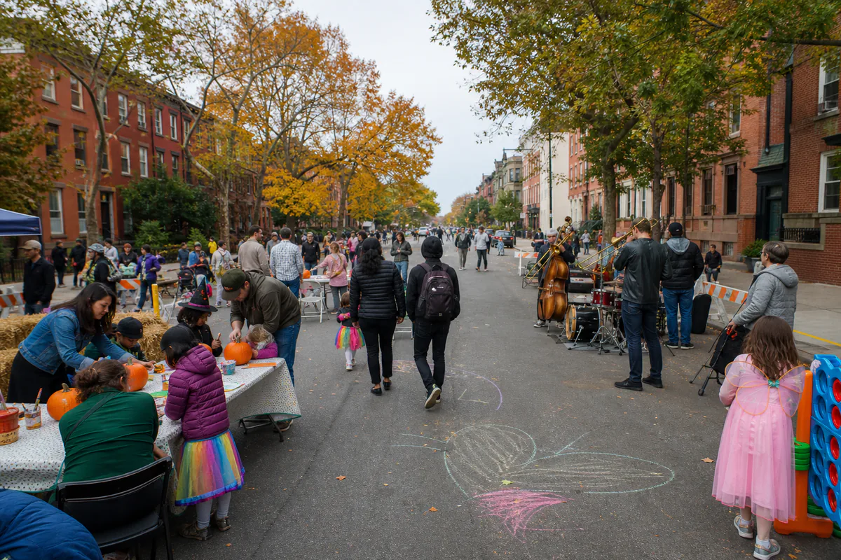 Familias en una calle peatonal de Nueva York durante Trick-or-Streets