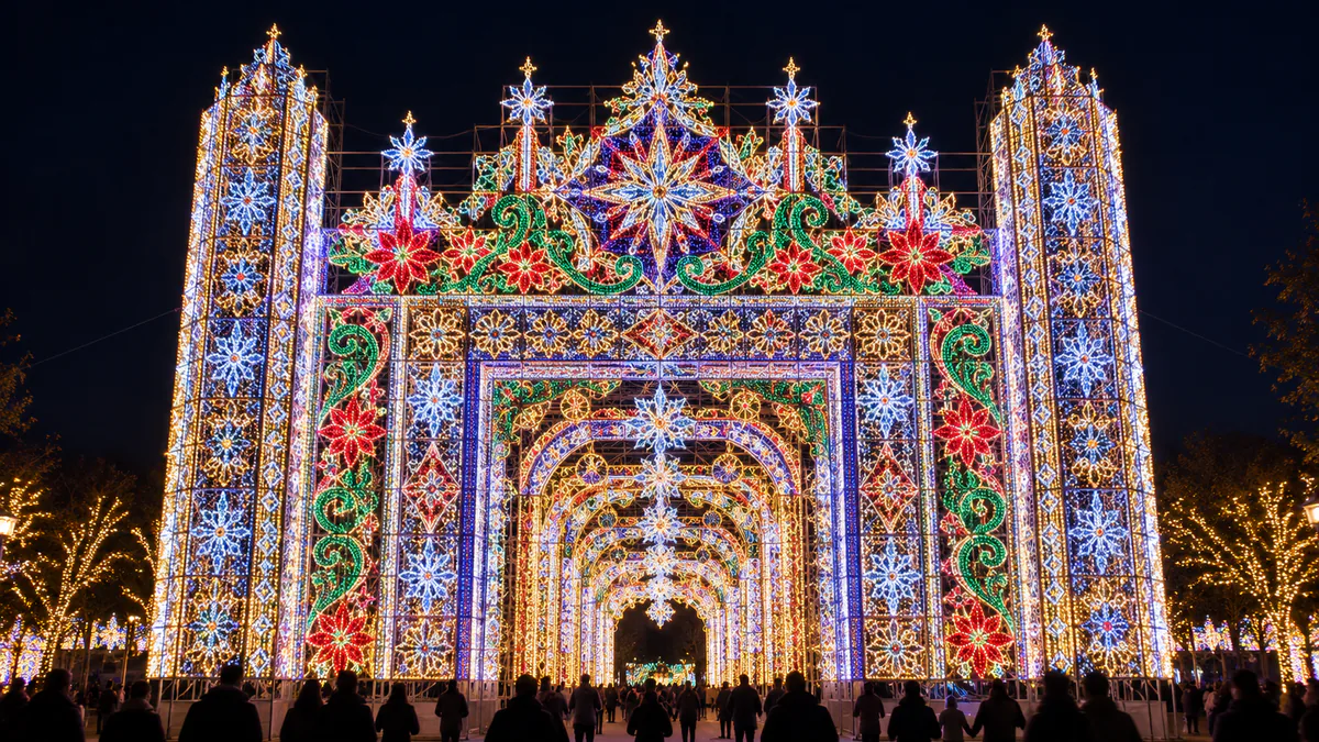 Recreación de la Puerta Mágica iluminada en Torrejón