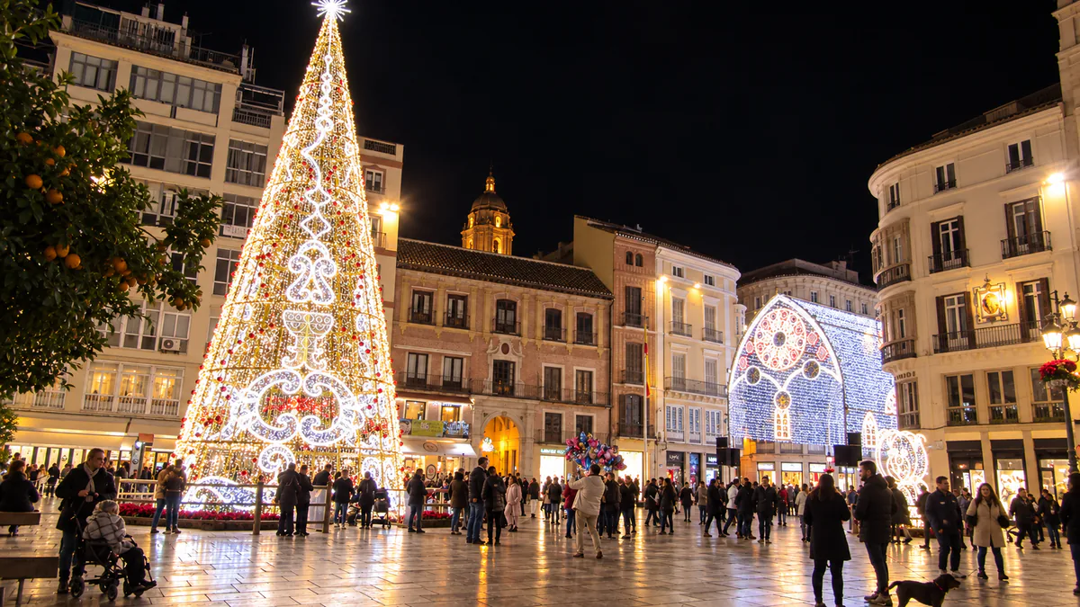 Recreación de la Plaza de la Constitución de Málaga iluminada en Navidad