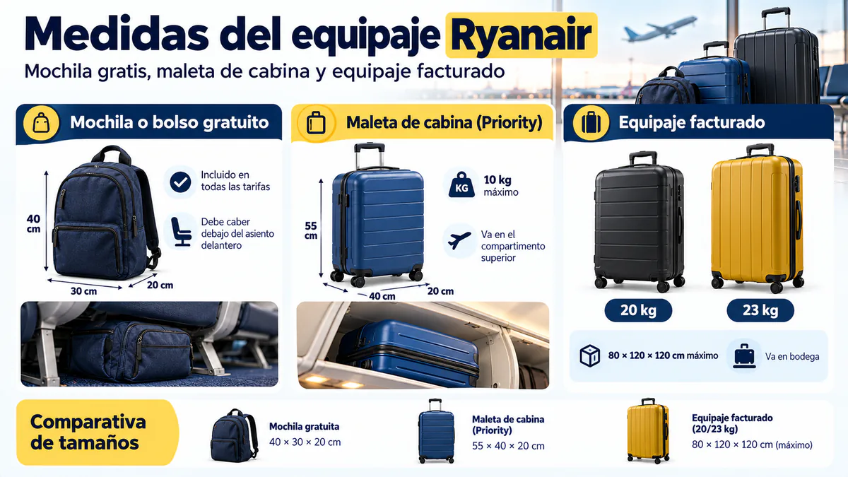 Mochila, maleta de cabina y equipaje facturado con los límites de Ryanair