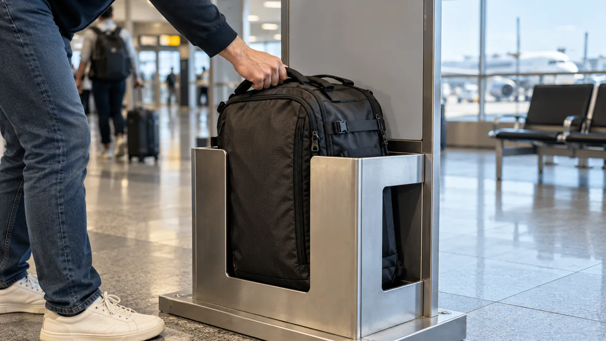 Persona comprobando una maleta en un medidor de equipaje del aeropuerto