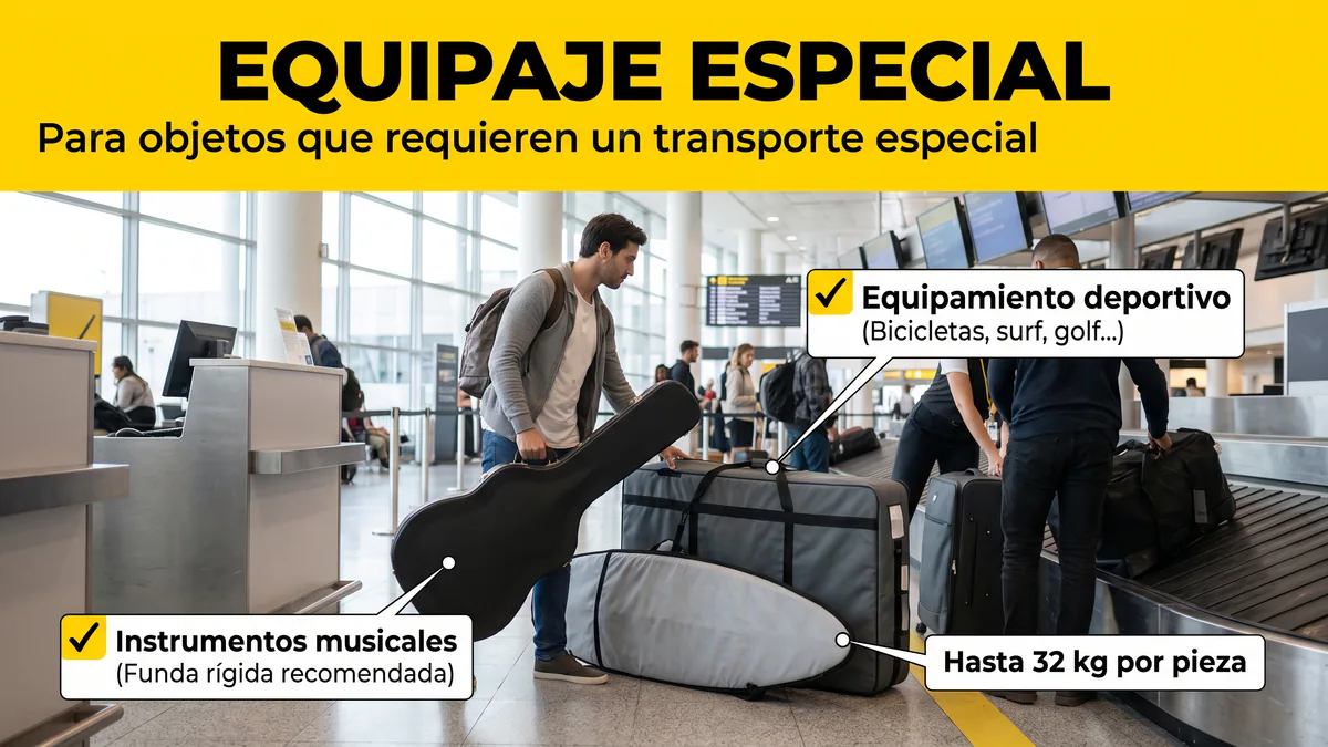 Instrumento musical y equipamiento deportivo preparados para facturar