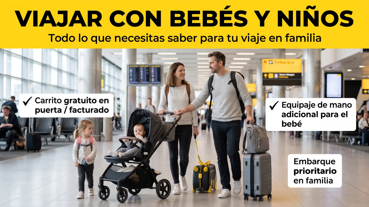 Familia viajando con un bebé, un carrito y equipaje infantil en el aeropuerto