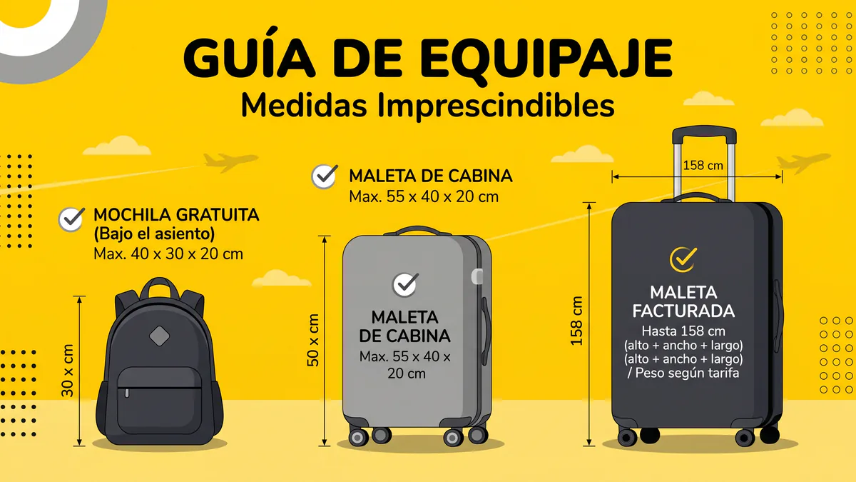 Bolso bajo el asiento, maleta de cabina y equipaje facturado con sus medidas principales