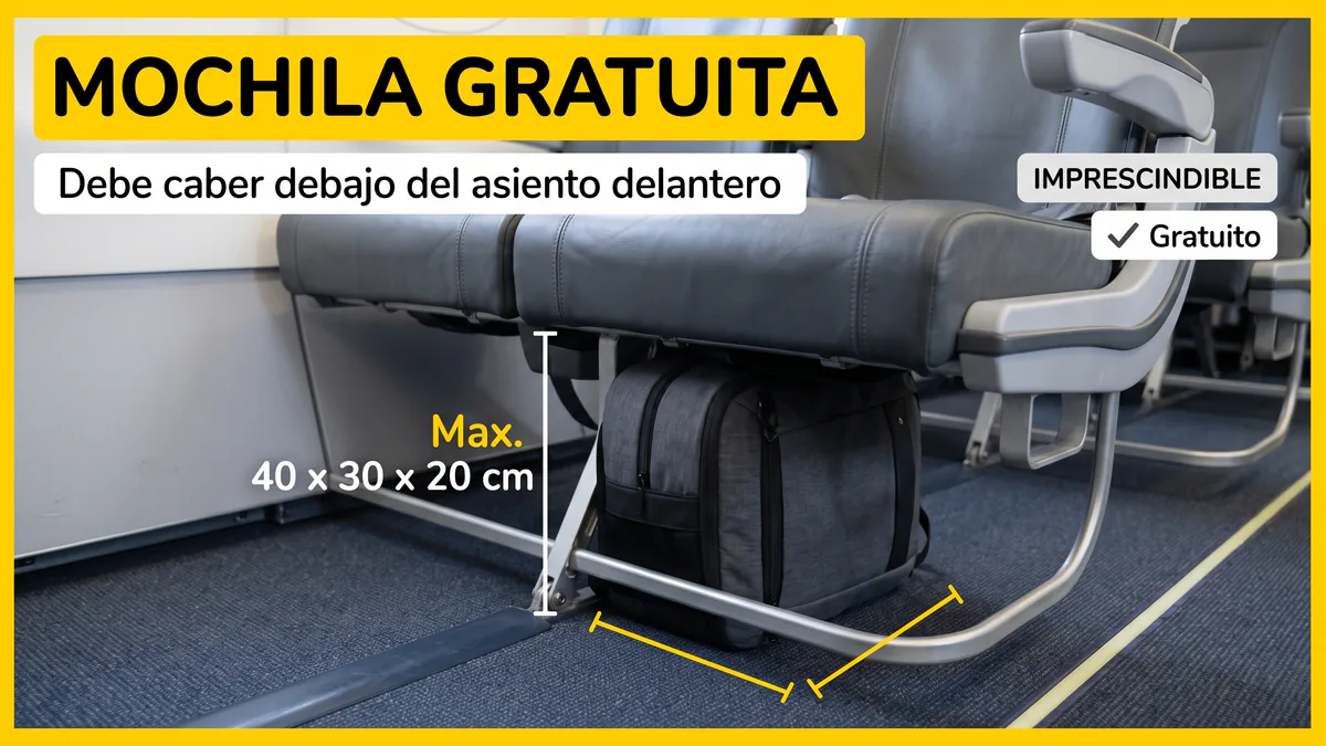 Mochila pequeña colocada debajo del asiento delantero de un avión