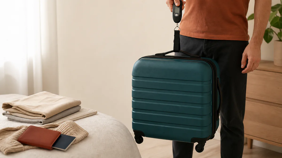 Persona pesando una maleta con una báscula de equipaje antes de viajar