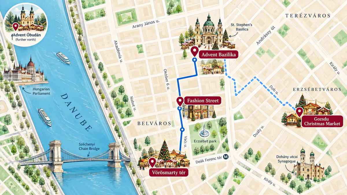 Mapa ilustrado de Advent Bazilika, Vörösmarty, Gozsdu y Óbuda en Budapest