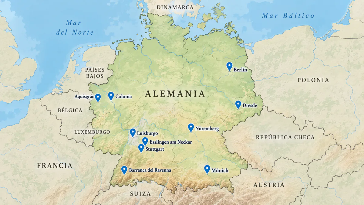 Mapa de rutas entre mercadillos navideños de Alemania