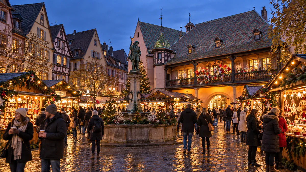 Mercado de Navidad de Colmar iluminado junto a las casas alsacianas