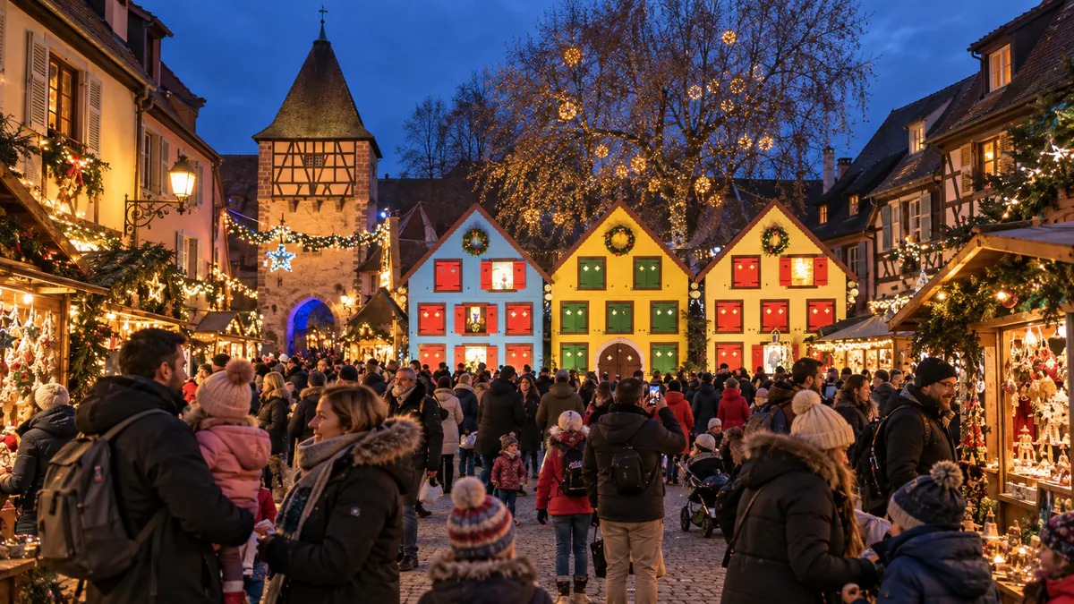 Casetas del mercado de los duendes de Turckheim decoradas por Navidad