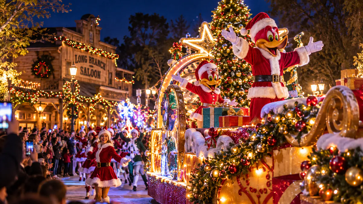 Carroza de Christmas Parade recorriendo PortAventura Park con personajes navideños