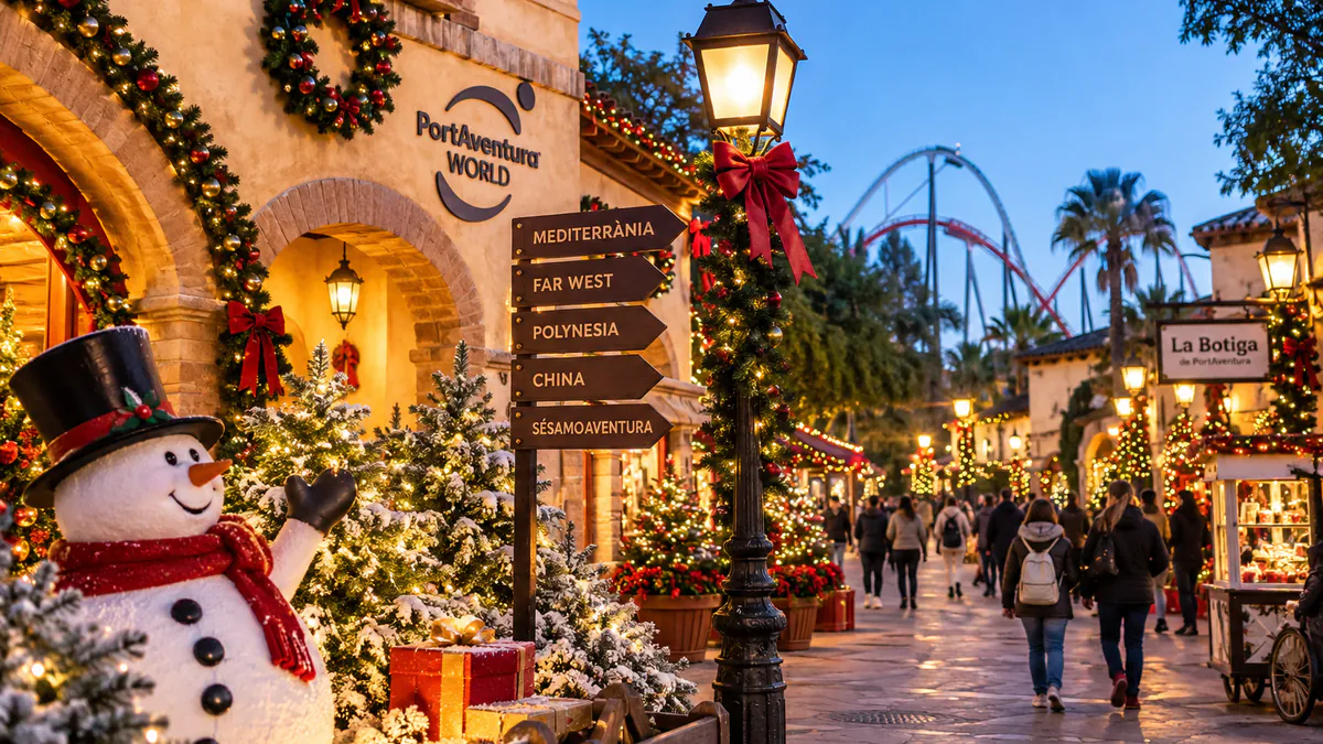 Decoración navideña junto a las indicaciones de las áreas de PortAventura Park