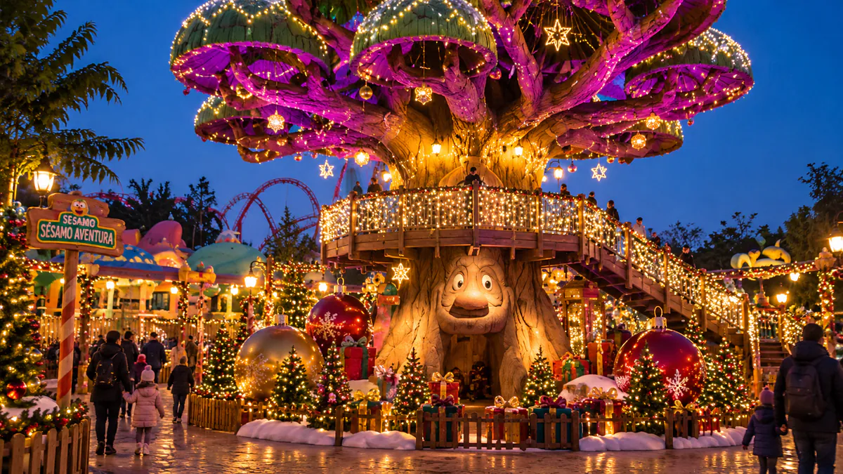 SésamoAventura iluminado y decorado para la temporada de Navidad