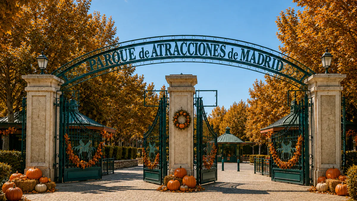 Recreación de la entrada del Parque de Atracciones de Madrid con decoración otoñal
