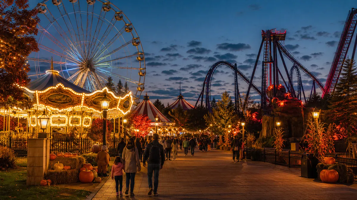Recreación de un parque de atracciones al anochecer con montañas rusas y decoración de Halloween