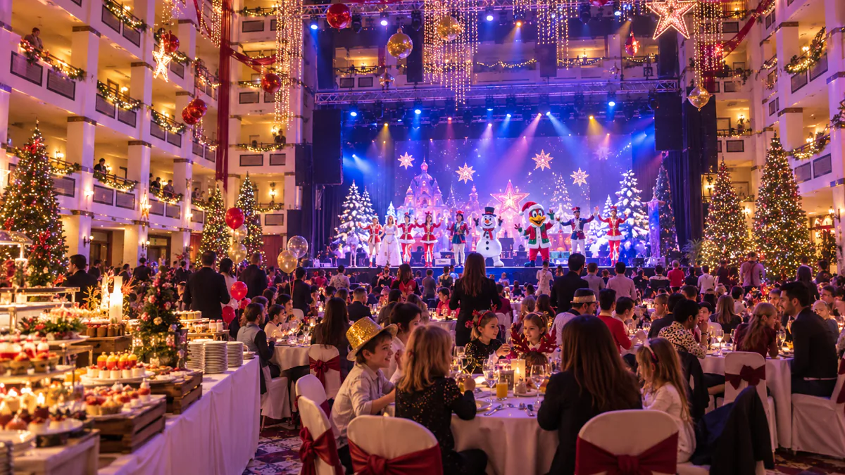 Cena de gala familiar con decoración navideña y un escenario iluminado