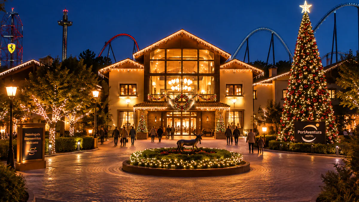 Entrada de un hotel decorado para una estancia de Fin de Año en PortAventura