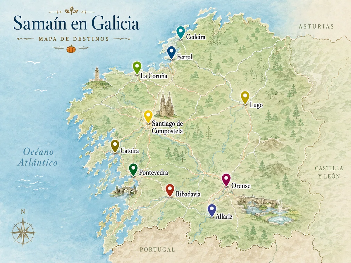 Mapa de Galicia con los destinos de Samaín de la guía: Cedeira, Ferrol, A Coruña, Santiago, Lugo, Catoira, Pontevedra, Ribadavia, Ourense y Allariz