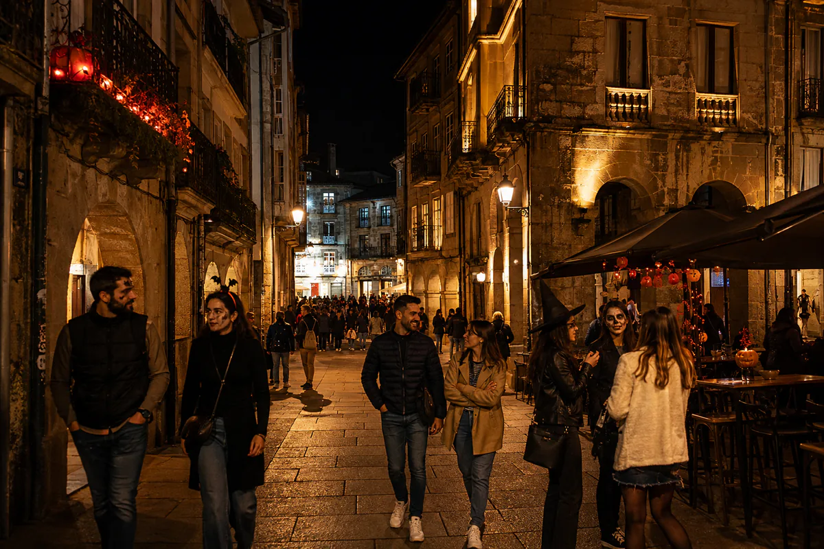 Ambiente nocturno en la Zona dos Viños de Ourense durante Halloween