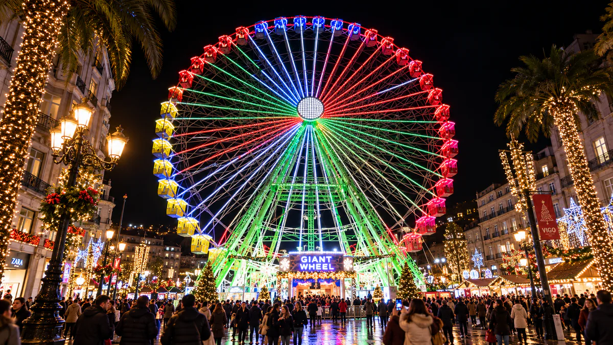 Recreación de una noria iluminada durante la Navidad de Vigo