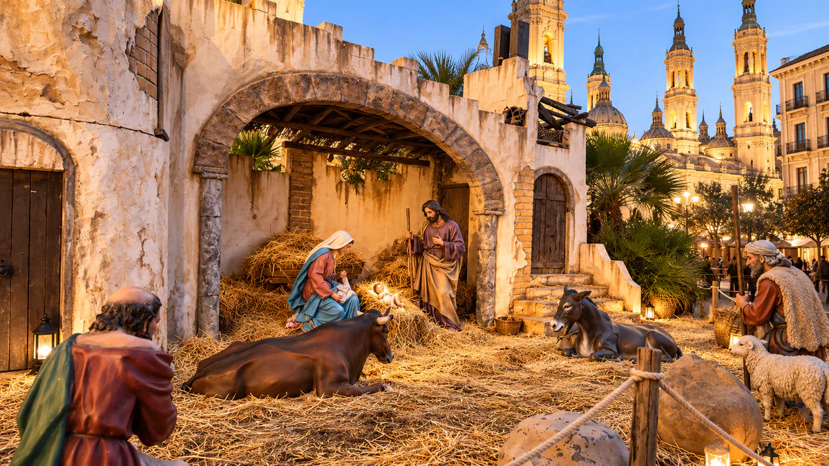Recreación del Belén de Judea con figuras a tamaño real en la Plaza del Pilar