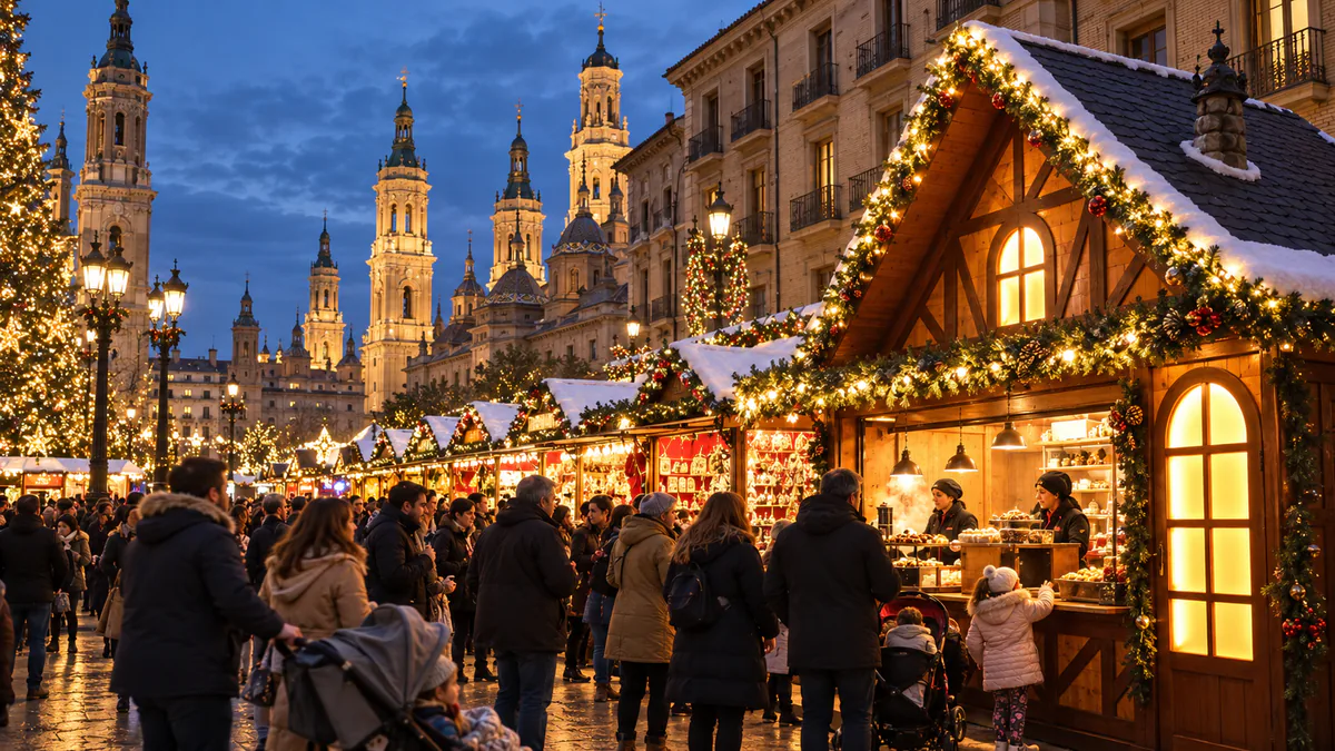 Recreación de las casetas de la Muestra Navideña de la Plaza del Pilar