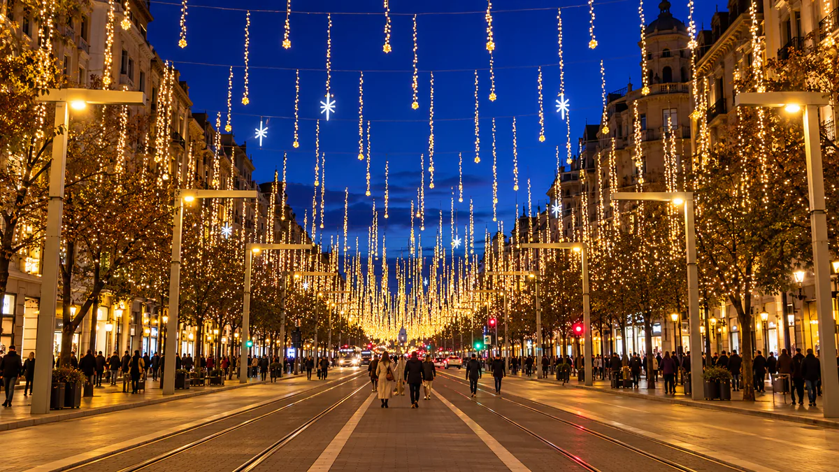 Recreación del paseo de la Independencia decorado con luces de Navidad