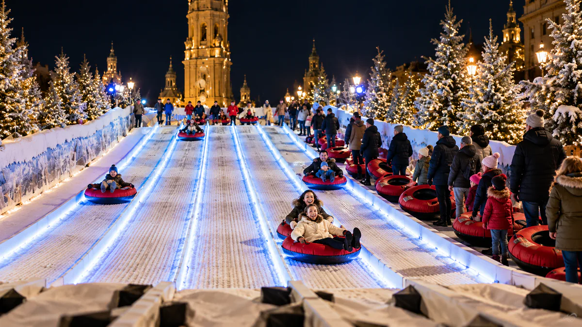 Recreación del tobogán de trineos neumáticos de la Plaza del Pilar
